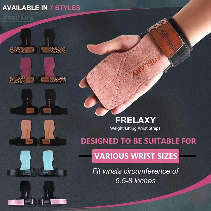Frelaxy Lifting Wrist Straps for Women and Men, Weight Lifting Grips | Double-layer leather, Cushioned wrist support, Durable construction, Storage pouch, Deadlifts, rows, lat pulldowns