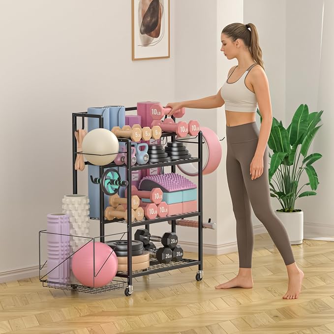Home Gym Storage Rack, Multi-functional Workout Equipment Storage for Dumbbells, Kettlebells & Yoga Mats, Heavy Duty Weight Rack for Home Garage Gym, Rolling Fitness Equipment Organizer with Hook