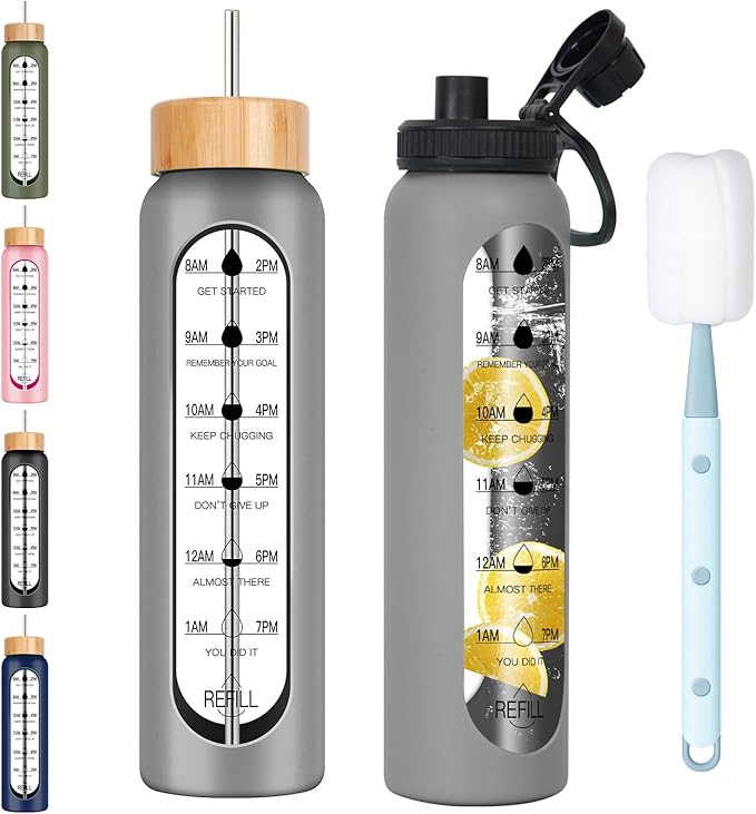 32oz Glass Water Bottle with Time Marker, 2 Lids-Handle Spout Lid & Bamboo Straw Lid, 1 Liter Motivational Borosilicate Water Bottle for Gym, Office, Travel (Gray)