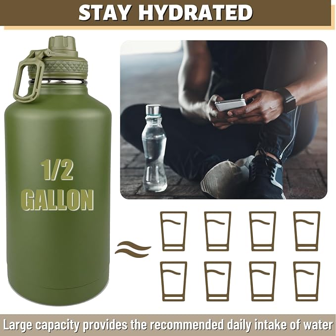 DEFUNX Half Gallon Water Bottle with Sleeve - 64 Oz Insulated Water Jug with Handle - Green Stainless Steel Sports Water Bottle for Gym Workout Hiking Tactical Bottle Holder with Pouch Camo