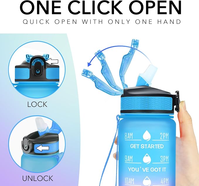 Hyeta Water Bottle with Straw & Time Marker, Plastic 32oz Leakproof | Motivational Tritan BPA Free Gym Office Outdoor Intake Tracker Hourly Reminder Straw Lid Carry Strap