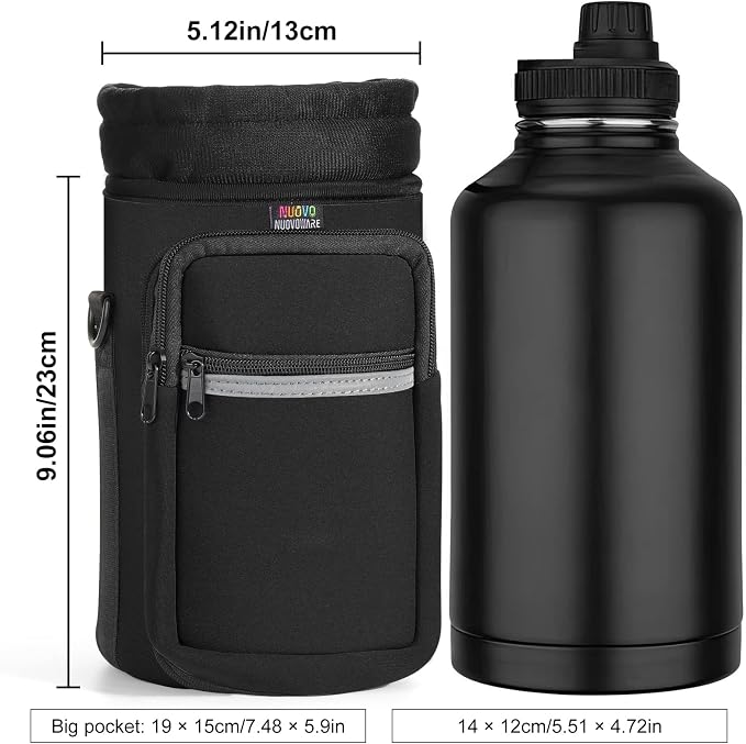Nuovoware Water Bottle Carrier Bag, 64oz Bottle Pouch Holder, Adjustable Shoulder Hand Strap 2 Pocket Sling Neoprene Sleeve Sports Accessories for Hiking Travelling Camping, BlackCoal