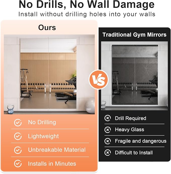 brisafe Gym Mirror, 48"x24" 2-Pack Magnetic No-Drill Wall Mirror | Shatterproof Nano Safety Mirror, Lightweight, Reduces ER bills，True Reflection, for Gym & Dance