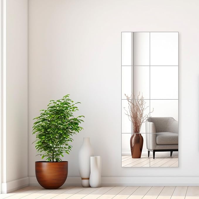 Wall Mirrors, 14''x 12'' Glass Wall Mirror Tiles (8 PCS), Large Full Body Mirror for Home Gym, Bedroom, Door, Bathroom, Frameless Mirror Tiles (Glass - 14'' x 12'' - 8PCS)