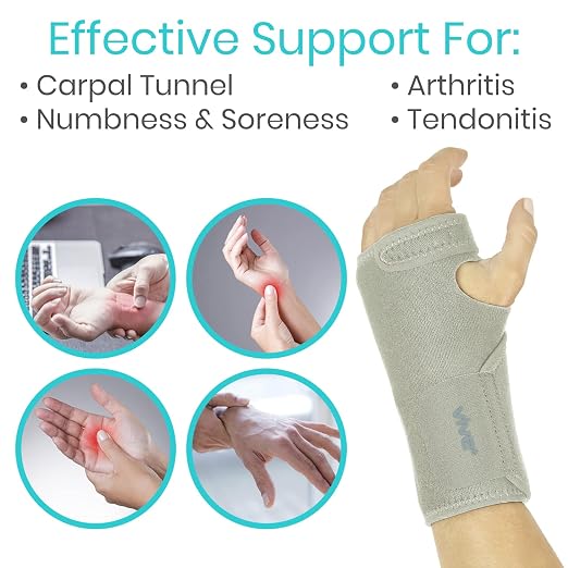 Vive Wrist Brace - Carpal Tunnel Hand Compression Support Wrap for Men | Women, Tendinitis, Bowling, Sports Injuries Pain Relief - Removable Splint - Universal Ergonomic Fit (Gray, Left)