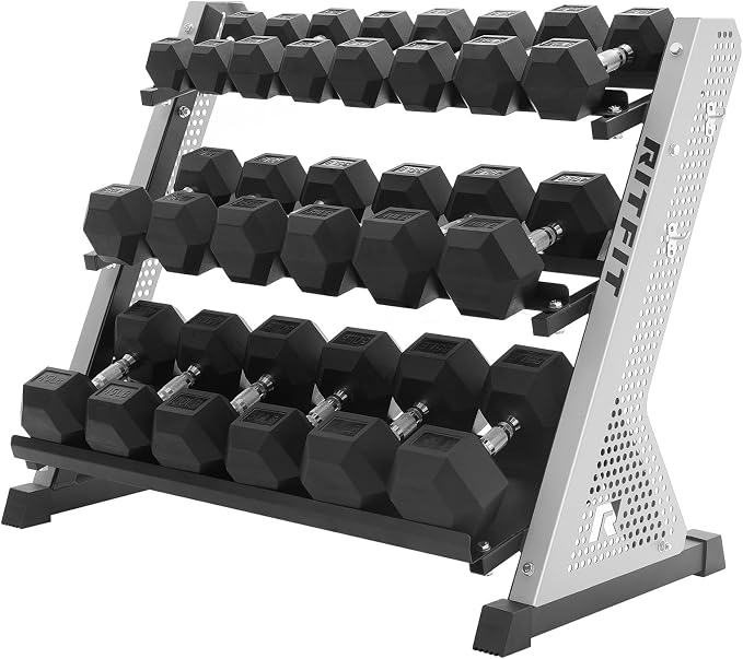 RitFit Rubber Hex Dumbbell Weight Set with 3-Tier Dumbbell Rack | Anti-Slip Knurled Chrome Handle,Cast Iron,Hexagon Anti-Roll Design,1000LB Capacity Heavy Duty Steel Rack for Home Gym