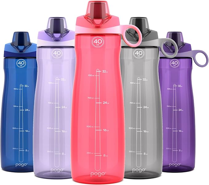 Pogo BPA-Free Plastic Water Bottle with Chug Lid, Pink, 40 oz. | Leakproof water bottle with chug lid and carry handle. BPA-free, great for travel, school, outdoors, and gym.