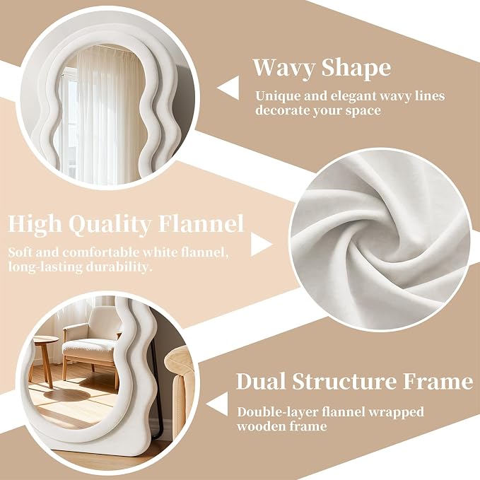 Full Length Mirror, 63"x24" Full Body Mirror with Stand | Full Body Mirror with Stand, Flannel Floor Mirrror Bedroom and Living Room, Wall Mirror Hanging or Leaning, Beige