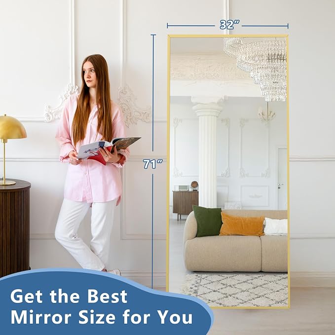 71"x32" Floor Mirror Full Length with Stand, Gold, Rectangular | Free Standing or Leaning Against Wall, Wall‑Mountable, for Gym Bedroom Living Room, Aluminum Alloy Frame, Tempered Glass