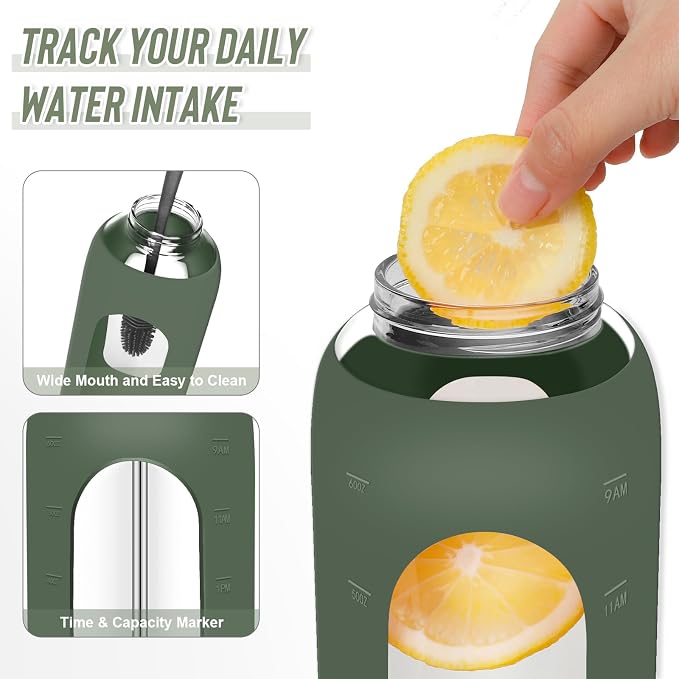 FULBEVY Glass Water Bottles 64 oz - Half Gallon Large Motivational Daily Water Intake Bottle Time Marker - Glass Water Bottle With Straw, Silicone Sleeve 2 Lids, Handle Spout & Bamboo Lid(Olive)