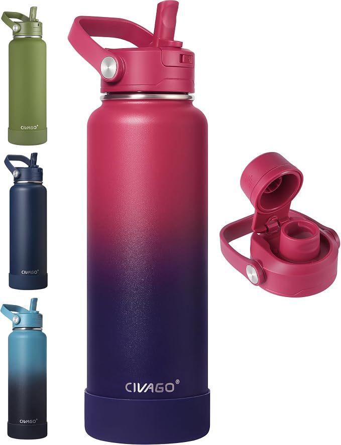 CIVAGO 40 oz Insulated Stainless Steel Water Bottle with Removable Straw | Large Leakproof Metal Water Jug, Sports Thermal Flask Cup with Bucket Handle, Silicone Boot, Dishwasher Safe, Dark Rainbow