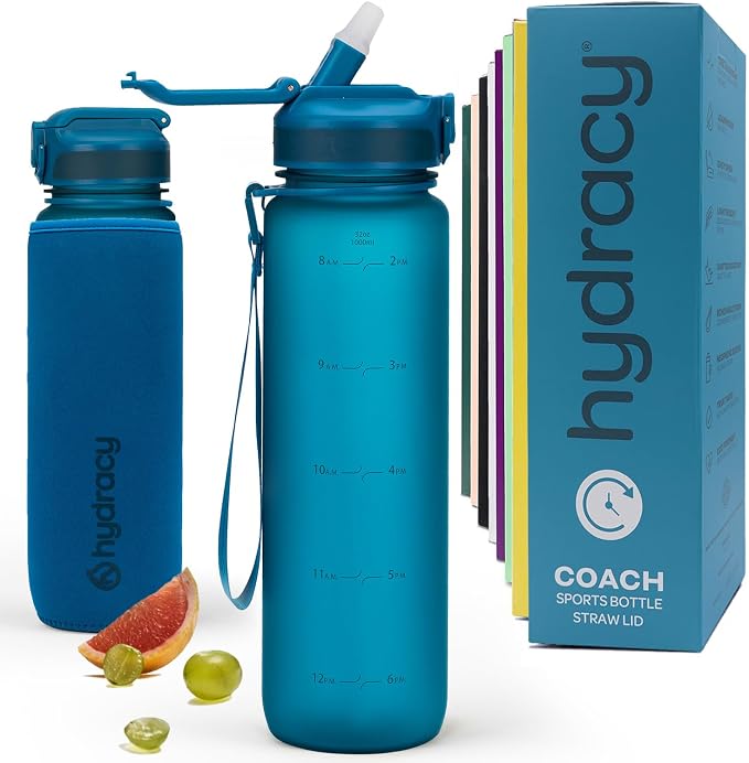 Hydracy Motivational Water Bottle with Time Marker and Straw Lid 32 oz | Leakproof,BPA Free,No Sweat Neoprene Sleeve,Carry Strap,Daily Intake Tracking for Fitness & Outdoors