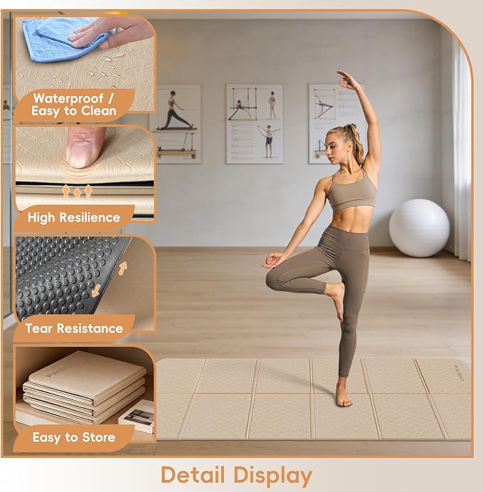 PAIDU Foldable Yoga Mat, 70"x24"x0.31" TPE Non-Slip Mat with Bag | Double‑sided non‑slip, 8mm thick TPE, foldable for travel, ideal for yoga/pilates/fitness/home/outdoor workouts