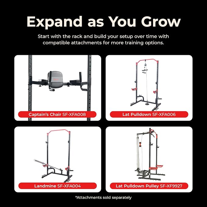 Sunny Health & Fitness Multifunctional Strength Training Home Gym – Complete Workout Equipment with Training Attachments, Optional Squat Stand, Power Rack Cage, Adjustable Incline Bench