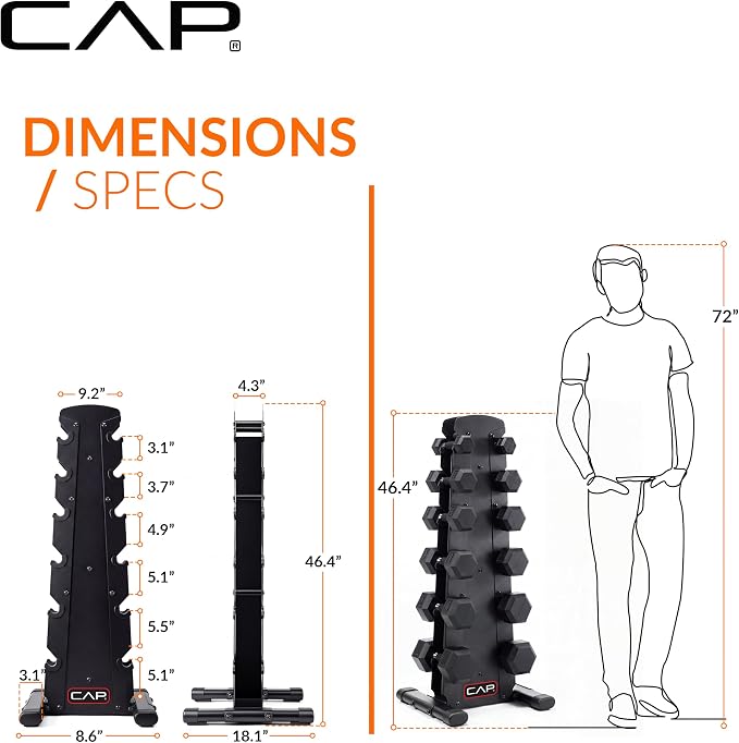 CAP Rubber Coated Hex Dumbbell Set with Storage Rack | 100–210 lb Options, Space-Saving Vertical Compact Storage for Home Gym Strength Training