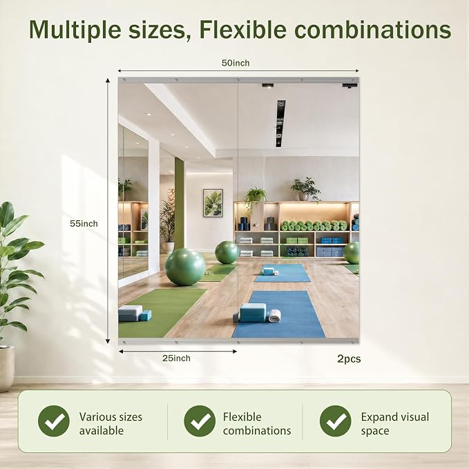 Home Gym Mirror, 55"x25"-2 PCS Gym Mirrors for Wall, Frameless, Tempered Glass, Large Workout Wall-Mounted Mirrors for Home Gym, Dance Studio, Yoga Room, Garage Gym, Silver