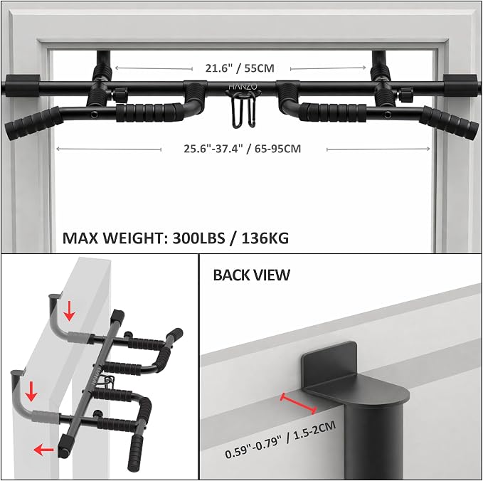 HANZO Doorway Pull Up Bar Set with Suspension Straps – Multi-Grip Chin Up Bar for Home Gym – No Screws, Strength Training Workout Bar, Door Gym Pullup Bar