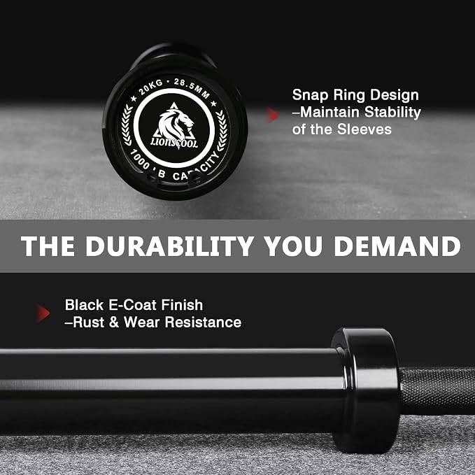 LIONSCOOL 7FT Olympic Barbell 2” Bar for Strength Training Weightlifting | 700/1000/1500lbs Weight Capacity, 2-Inch 40/45lbs Black, Silver, Red, Chrome Power Lifting, Squat, Deadlift, Presses, Row Bar
