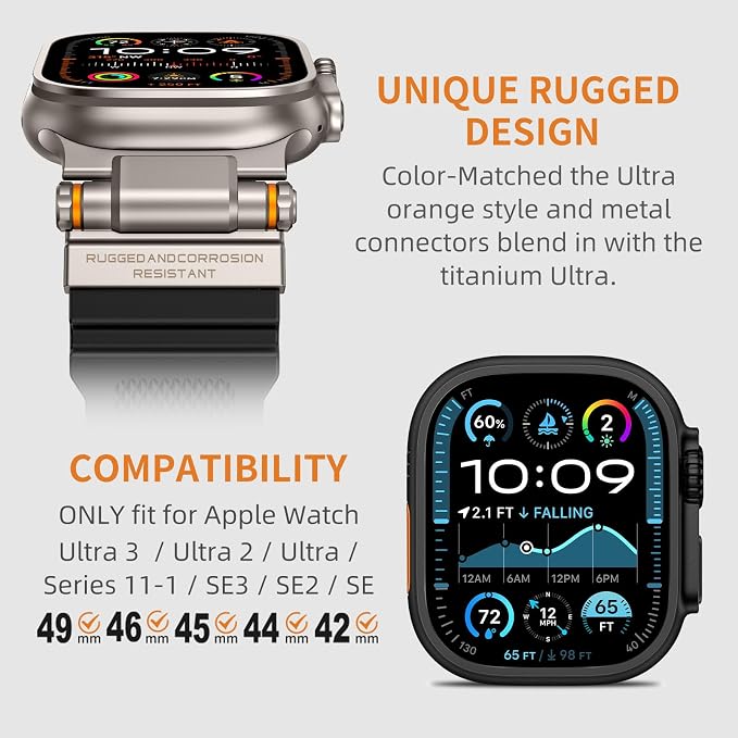 Band Compatible with Apple Watch Ultra 3/2/1 Band 49/46/45/44mm | Metal Connector with Silicone Rugged Strap for iWatch Ultra Series 11/10/9/8/7/6/SE3/SE2/SE/5/4/3/2/1, Black/Titanium