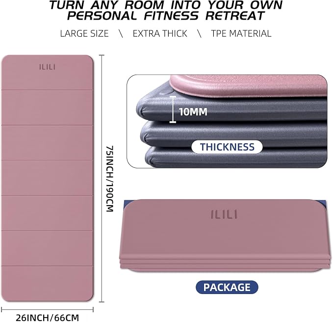 ILILI Foldable Yoga Mat 10mm, Extra Thick, Extra Long, 75x26x0.4 Inch, TPE | Non-Slip Grip, Easy Carry&Storage, Comfort Cushion, SGS Safe, Suitable for Yoga, Pilates, Home Exercise&Outdoor Travel