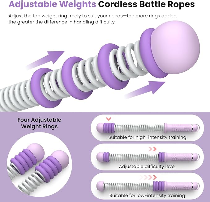 2 Pcs Weighted Cordless Battle Ropes, Portable Ropeless Exercise Rope with Non-Slip Handle, Low-Noise Adjustable Resistance for Home Gym, HIIT & Low-Impact Cardio Strength Training (Purple)