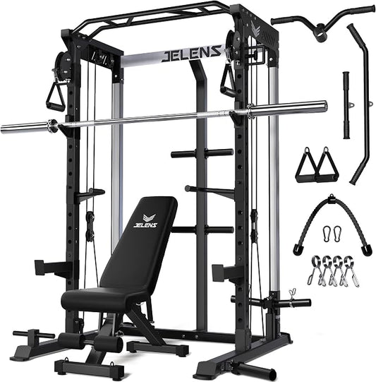JELENS C21 Power Cage, 2000LBS Multi-Function Power Rack with Independent Dual Pulley System, All-in-One Squat Rack for Cable Crossover, Home Gym Workout Machine
