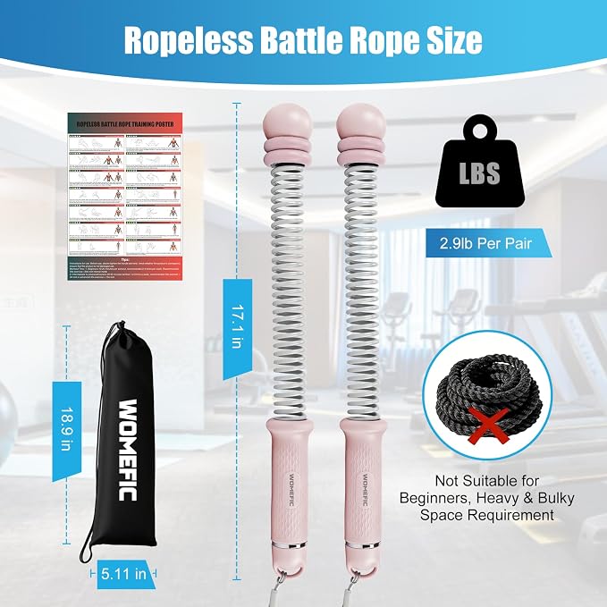 Weighted Ropeless Battle Ropes Adjustable Weight - Portable Cordless Battle Ropes for Home Gym with Poster - Strength Building, HIIT and Low-Impact Aerobic Training for Men & Women (Pink)