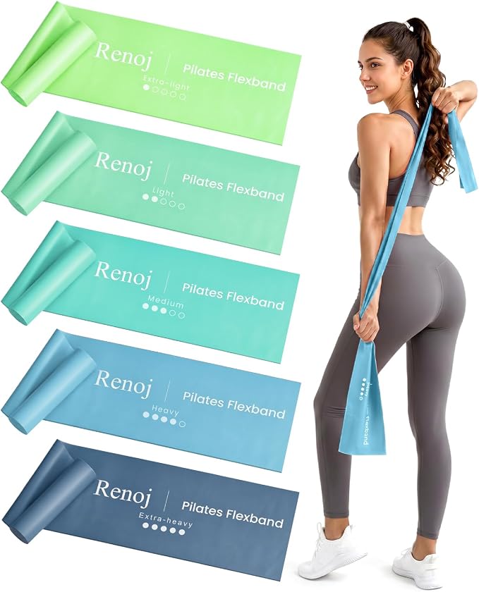 Renoj Pilates Flexbands, 5-Pack Latex-Free Resistance Bands Set – Exercise Bands for Pilates, Yoga, Stretching & Physical Therapy | Home Gym Equipment for Women & Men