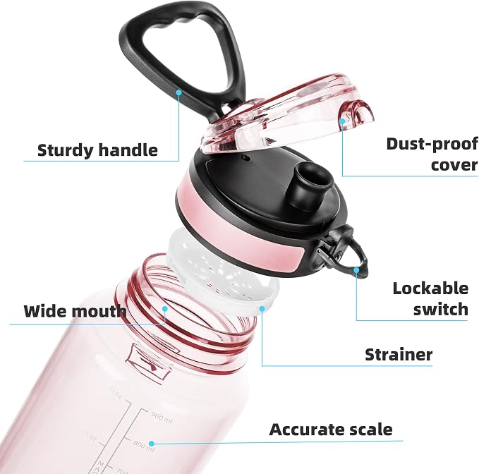 Fanhaw 32 Oz Clear Tritan Water Bottle, BPA-Free & Leak-Proof, Wide Mouth with Anti-dust Chug Lid, Reusable Plastic Bottle for Gym, Travel, School & Office, Back to School Essentials (Cherry Blossom)