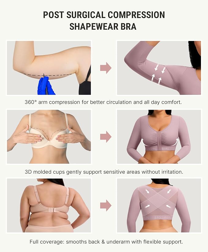 FeelinGirl Arm Compression Sleeve Women Post Arm Lipo Shaper | Front Closure, Compression Bra with Sleeves, Breast Lift, Back Smooth, Post Augmentation Lymphedema Recovery