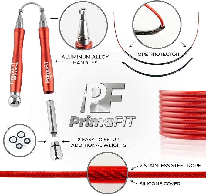 PrimaFIT Pro Speed Jump Rope for Adults, Weighted Skipping Rope for Boxing | Adjustable Jumping Rope for Fitness Workout & CrossFit Exercise, Double Unders, Handle Weights, 3m Cables 2 Protectors, Bag