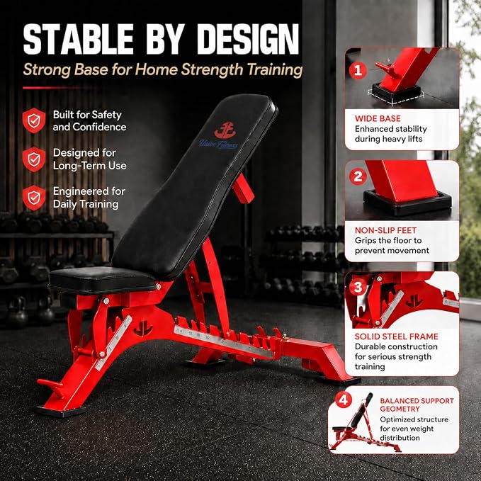 Unive Fitness Adjustable Weight Bench 1300 lb Capacity, 40-Position Workout Bench with 10 Backrest & 4 Seat Angles, Heavy Duty Strength Training Bench for Home Gym, Garage Gym, Incline Flat Dumbbell Workouts
