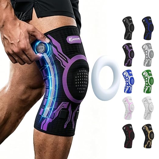 Kuangmi Knob Knee Brace for Pain Relief, Knee Support with Patella Gel Pad & Side Stabilizers, Compression Knee Sleeve for Workout, Arthritis, Joint Pain, Meniscus Tear (Purple Black,Right,Medium,Single)