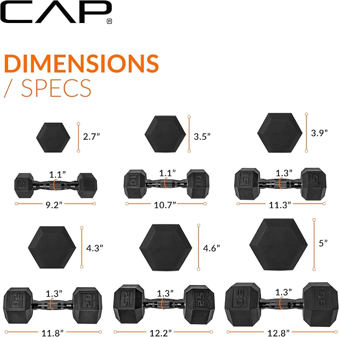 CAP Rubber Coated Hex Dumbbell Set with Storage Rack | 100–210 lb Options, Space-Saving Vertical Compact Storage for Home Gym Strength Training