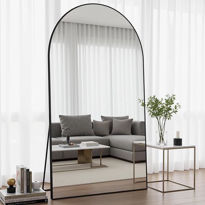 Full Length Mirror, 82"x44" Arched Floor Mirror Freestanding, Floor Standing Full Body Mirror with Stand for Bedroom, Hanging Mounted for Living Room Cloakroom, Black