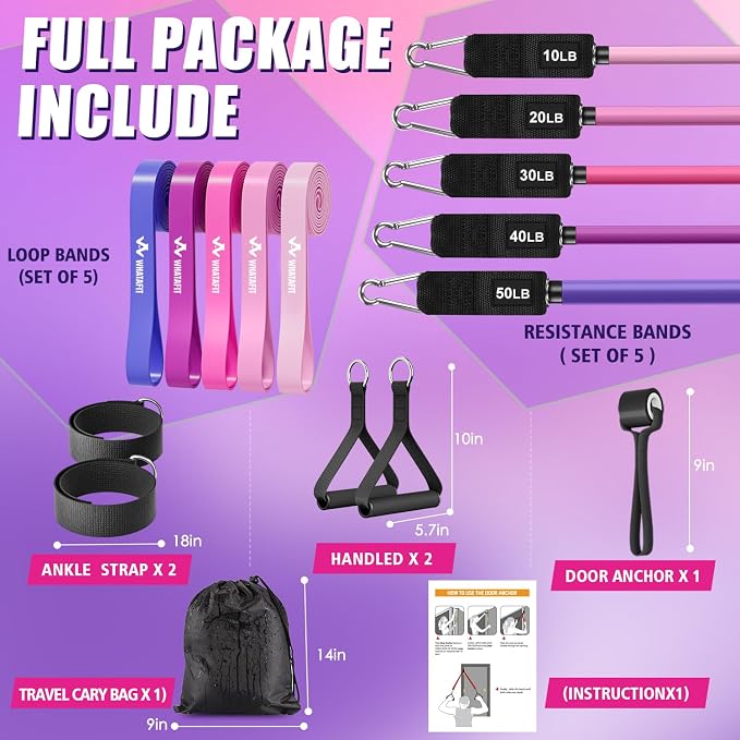 WHATAFIT Resistance Bands with Handles, 5-Level Exercise Bands for Workout | Natural latex,10-50 lbs, stackable to 150,Ankle Straps, Door Anchor,Guide. For Strength, Yoga,Home Gym,Travel & Workout.
