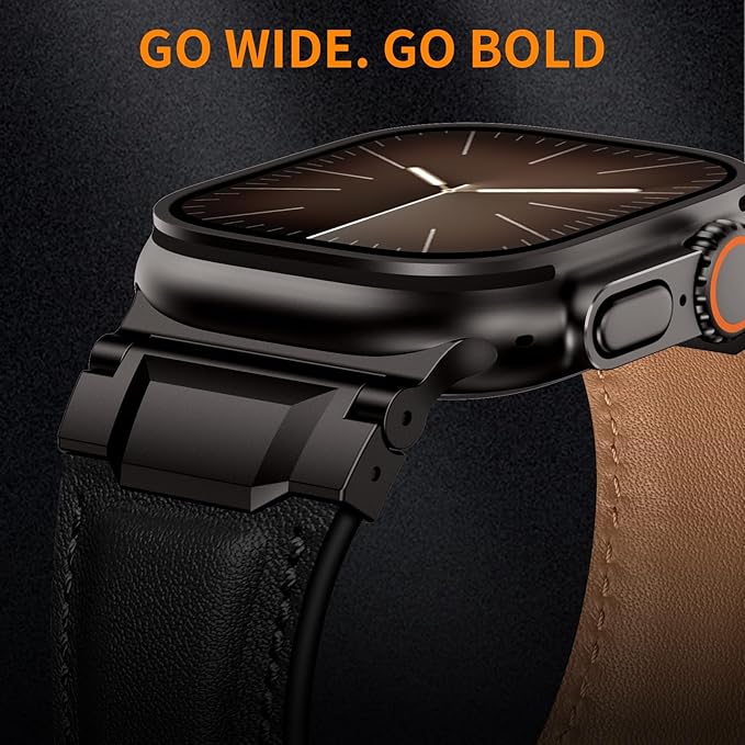 Bands Compatible with Apple Watch Ultra 3/2/1 Band 49/46/45/44mm | Genuine Leather Metal Connector Strap for iWatch Ultra Series 11/10/9/8/7/SE/6/5/4/3/2/1, Black/Black