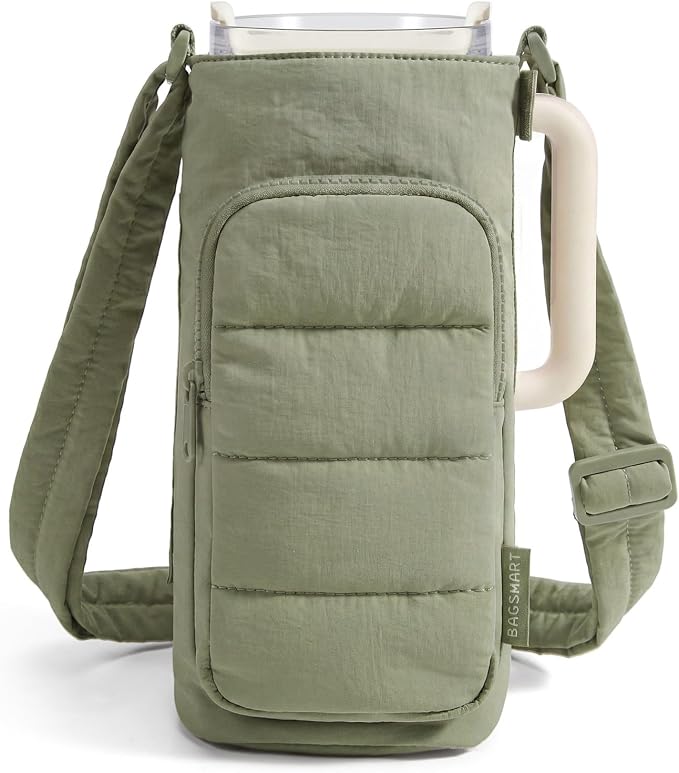 BAGSMART 40oz Water Bottle Holder with Strap, Quilted Gym Accessories | Magnetic or Classic Design, Lightweiht Tumbler Drink Carrier, Quilted Crossbody Purse