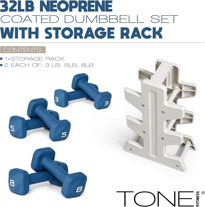 Tone Fitness Neoprene Dumbbell Set with Storage Rack – Non-Slip, Anti-Roll Hand Weights for Home Gym Workouts | 20 lb, 32 lb, 50 lb, 60 lb & 100 lb Options