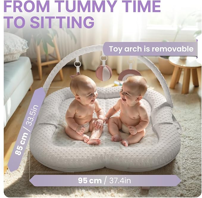 Twins Baby Play Mats for Floor Activity Gym - 5-in-1 Support Cushion Baby Play Mat Tummy Time Mat for Supervised Bonding with Arch, Plush Toys, Flashcards & Developmental Book - Grey