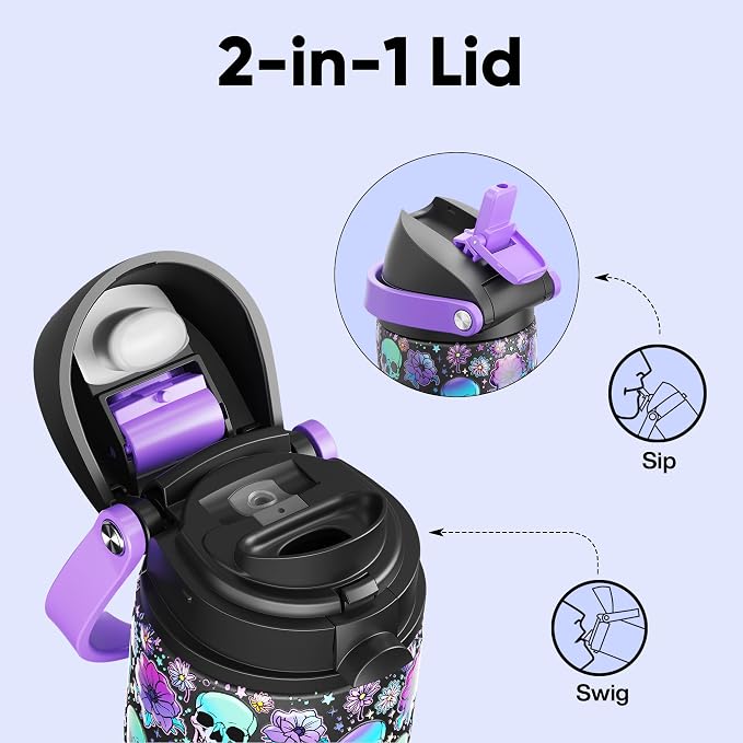 Insulated Water Bottle with Straw - Encool Stainless Steel Water Bottle with Push Button Lid, Leak-Proof & BPA-Free, Keeps Cold for 24 Hours for Sports, Travel, Gym (24 oz, Floral Afterlife)
