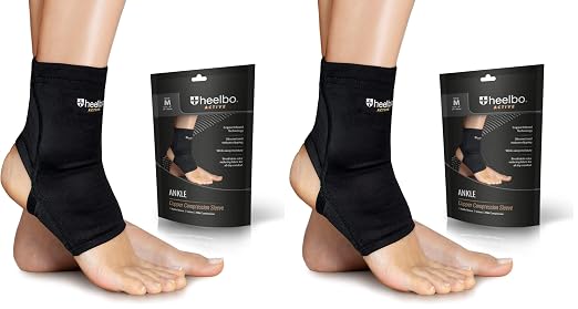 Heelbo Ankle Compression Sleeve and Compression Sock Made with Copper Infused Fibers and Breathable Fabric for Planter Fasciitis, Achilles Tendonitis or Arch Support, Black, Medium (Pack of 2)