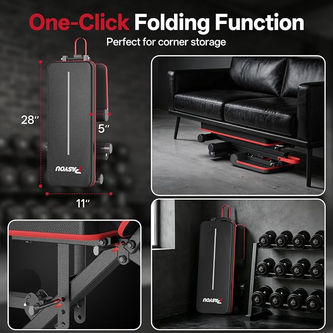 PASYOU Adjustable Weight Bench, 660LB Capacity Foldable Workout Bench, Incline Flat Bench Press for Home Gym, Dual-Frame Strength Training Bench, No Assembly Required, Wider Seat