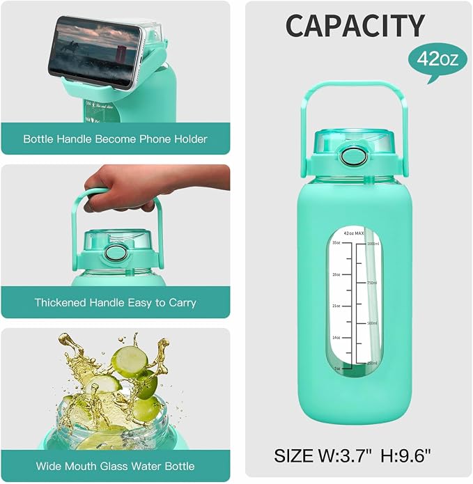 chunmo 42oz/52oz/64oz Glass Water Bolttles with Straw Half Gallon Large Motivational Water Bottle with Time Marker Sports Water Bottles with Silicone Sleeve and Handle Lid Water Jug for Gym Workout