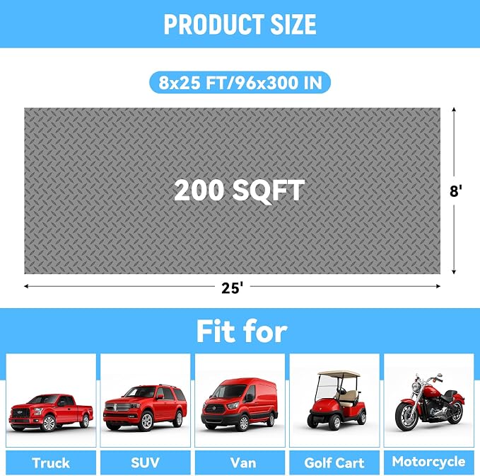 8x25 FT Garage Floor Mat, 2.8mm Thickened Diamond Plate | PVC Flooring Roll for Under Car/Garage/Warehouse/Basement/Gyms/Trailer, 200 SQFT Garage Mat, Tapes Included, Gray