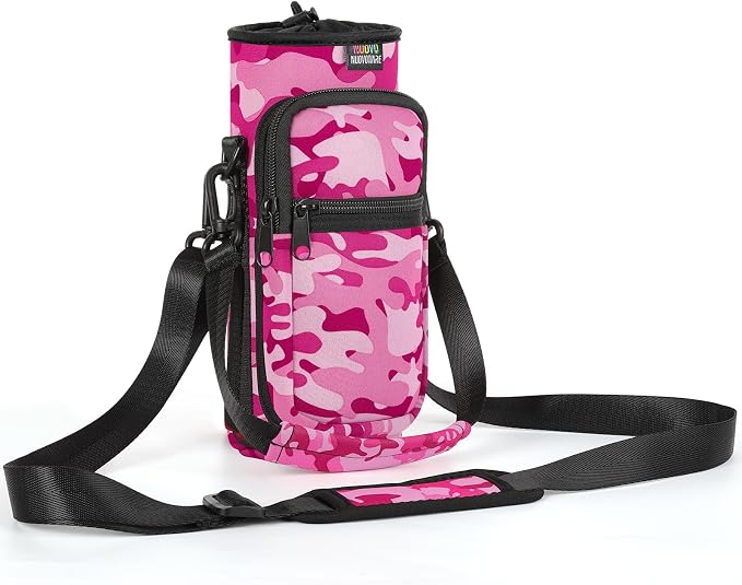 Nuovoware Water Bottle Carrier Bag, 25oz/32oz, Camouflage Pink | Adjustable Shoulder Hand Strap, 2 Pocket, Neoprene Sleeve, For Hiking Travelling Camping