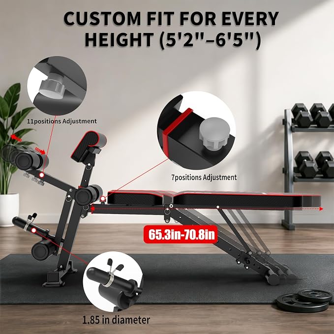 K KiNGKANG Foldable Weight Bench with Leg Curl, 1200 LBS Heavy Duty Workout Bench, 4-Level Adjustable Distance for All Heights, Multi-Position Incline Decline Exercise Bench with Dumbbell Rack for Home Gym