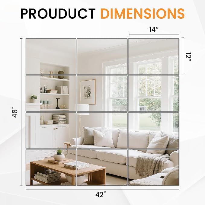 12Pcs 12″×14″ Glass Gym Mirror for Home Gym, HD Wall Mirror Tiles for Home Gym, Bedroom, Living Room, Door, Closet