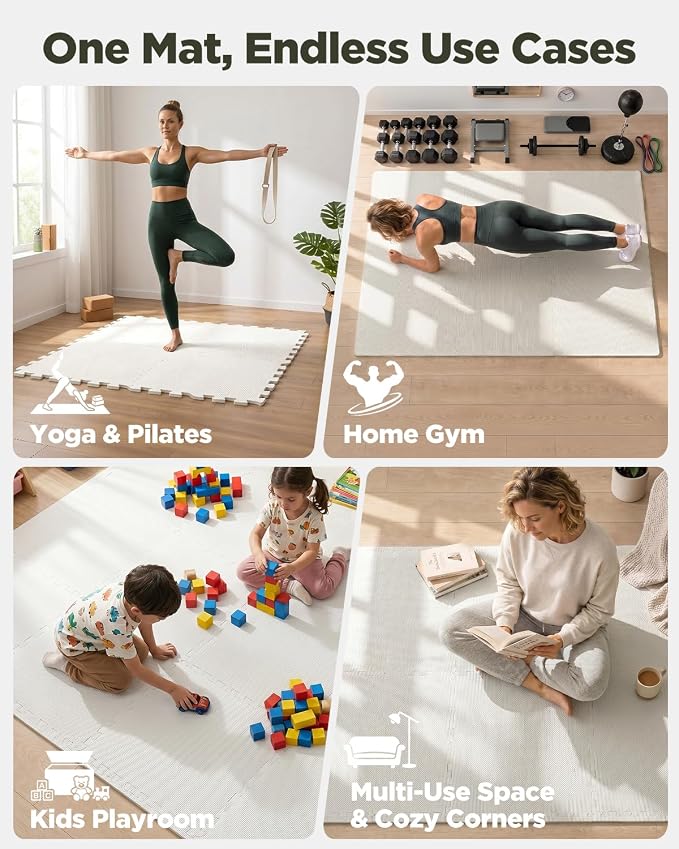 1/2" Thick 12 Pcs 48 Sq Ft EVA Foam Puzzle Exercise Mats, High-Density Interlocking Foam Floor Tiles for Home Gym, Gym Mat for Workout Equipment & Direct Exercise, Floor Padding for Kids