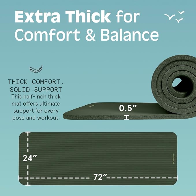 Retrospec Solana Yoga Mat Thick 1/2in Non-Slip Workout Mat with Nylon Strap - 72x24in Exercise Mat for Pilates, Stretching & Fitness - BPA Free, Easy Clean